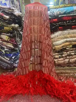 Červená Najnovšie Royal Francúzsky Flitrami Ženícha Čipky Textílie Našuchorené Perie Oka Čipky Afriky Čipky Tkaniny, Výšivky Na Svadobné Šaty Šiť