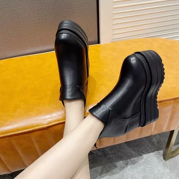 Ženy Platformu Topánky Módne Kože Kolo Prst Čierne Členkové Topánky Zimné Nové Dámy Zip Späť Teplé Topánky Zapatilla Mujer Topánky