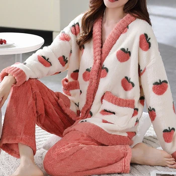Ženy Zimné Pijamas Nastaviť Kawaii Cartoon Pajama Sady Ženy Hrubé Flanelové Sleepwear Dievča Pyžamá Mujer Nightsuits Oblečenie Pre Voľný Čas