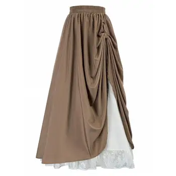 Ženy Čipky Šitie Strane Skladaný Maxi Sukne Je Dvojitá Vrstva Farbou Dlhé Sukne Elastické Retro Vysoký Pás A-Line Sukne